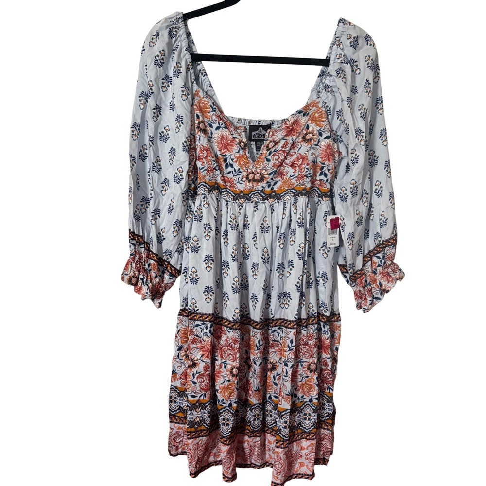 Angie Women's Boho Style Mini Dress Small NWT Blue Floral Peasant Sleeves